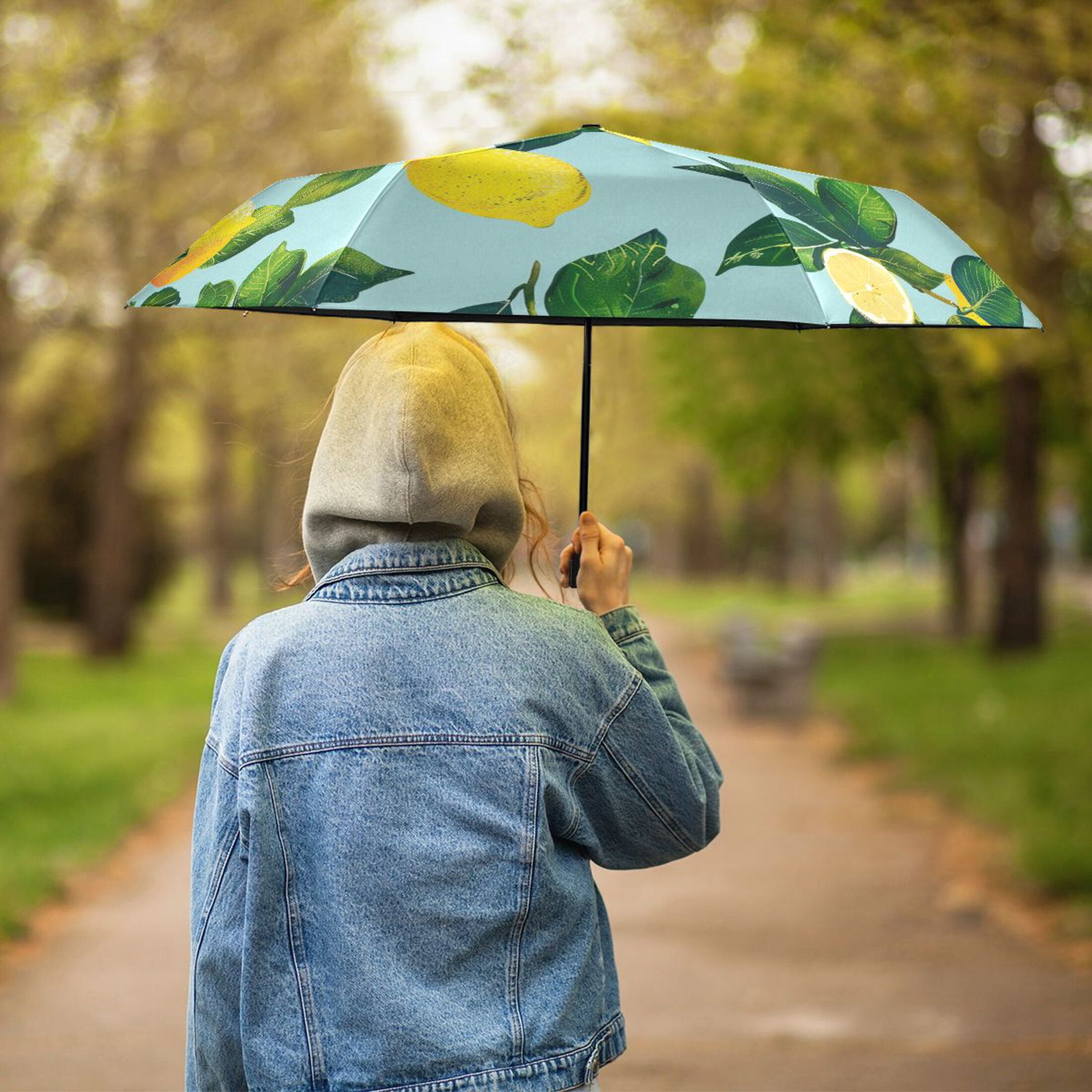 ALAZA Lemon Leaves UPF 50+ Compact Folding Umbrella for Rain Travel Umbrella Packable