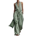 thumbnail image 3 of Linen Jumpsuits for Women, Halter V Neck Tie Waist Wide Leg One Piece Outfit for Casual Summer Wear, 3 of 5