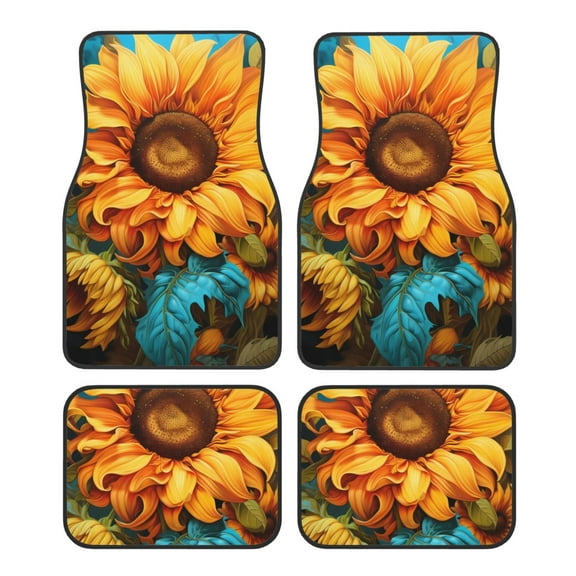 Fuzoiu Deep Yellow Colorful Sunflower Print Carpet Floor Mats for Car,Car Foot Mat Set,Universal Fit 4 Piece Mat Pad Set,Fits Most Cars Trucks Vans Sedans SUV Auto Carpet Mat Se
