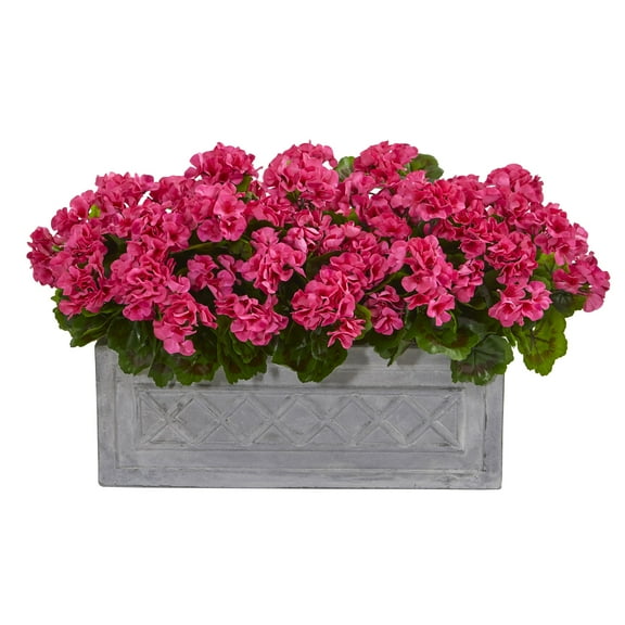 Nearly Natural Pink 18" Geranium Artificial Plant in Stone Planter UV Resistant