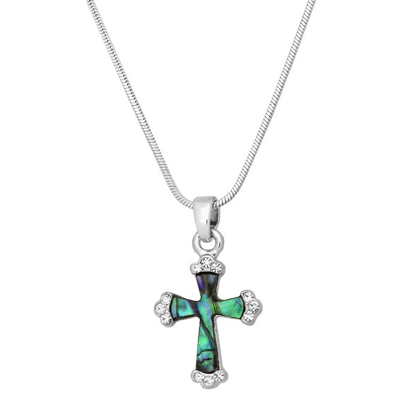 Cross Pendant Necklace Earring Abalone Shell Rhodium Rhinestone Crystal Plated 17 Inch Snake Chain J0863