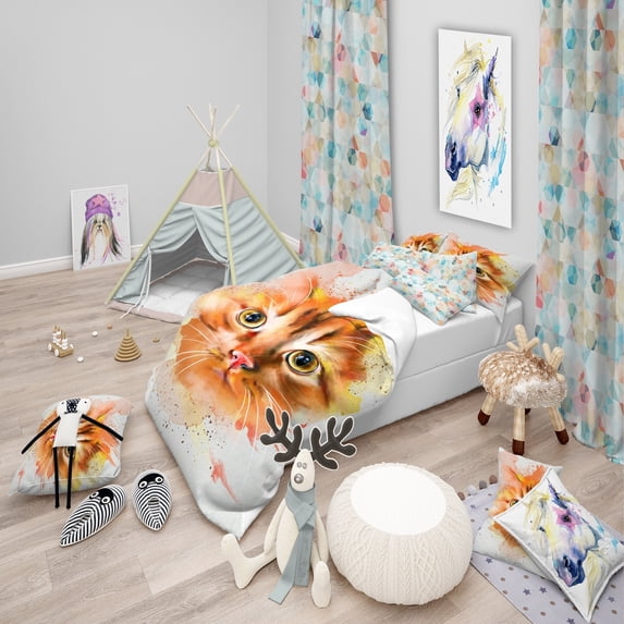 DESIGN ART Designart 'Lovely Red Watercolor Cat' Animal Bedding Set - Duvet Cover & Shams