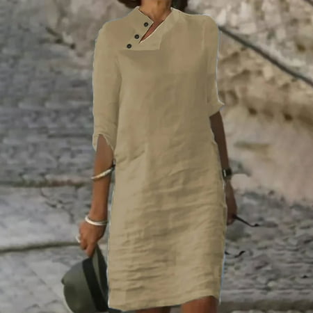 

Jsaierl Womens Cotton Linen Dresses Summer Casual Short Sleeve Maxi Dress Tunic Solid Color Round Neck Dress Comfortable Stylish Buttons Dresses 2023