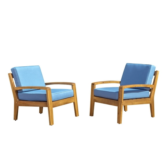 Gloriette Outdoor Acacia Wood Club Chairs with Cushions (Set of 2), Teak and Blue