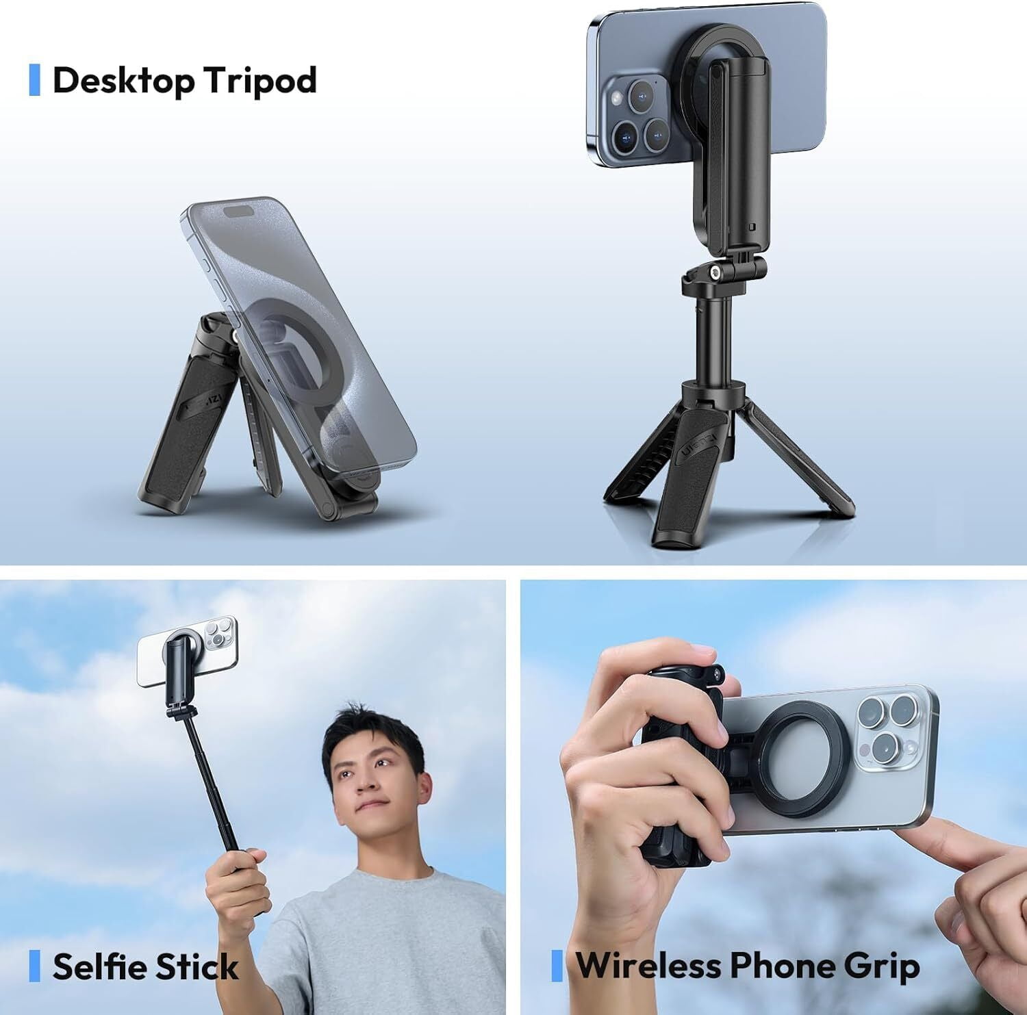 Ulanzi JJ03 Magnetic Phone Tripod Grip Selfie Stick with Remote Control for Photography Video Vlog