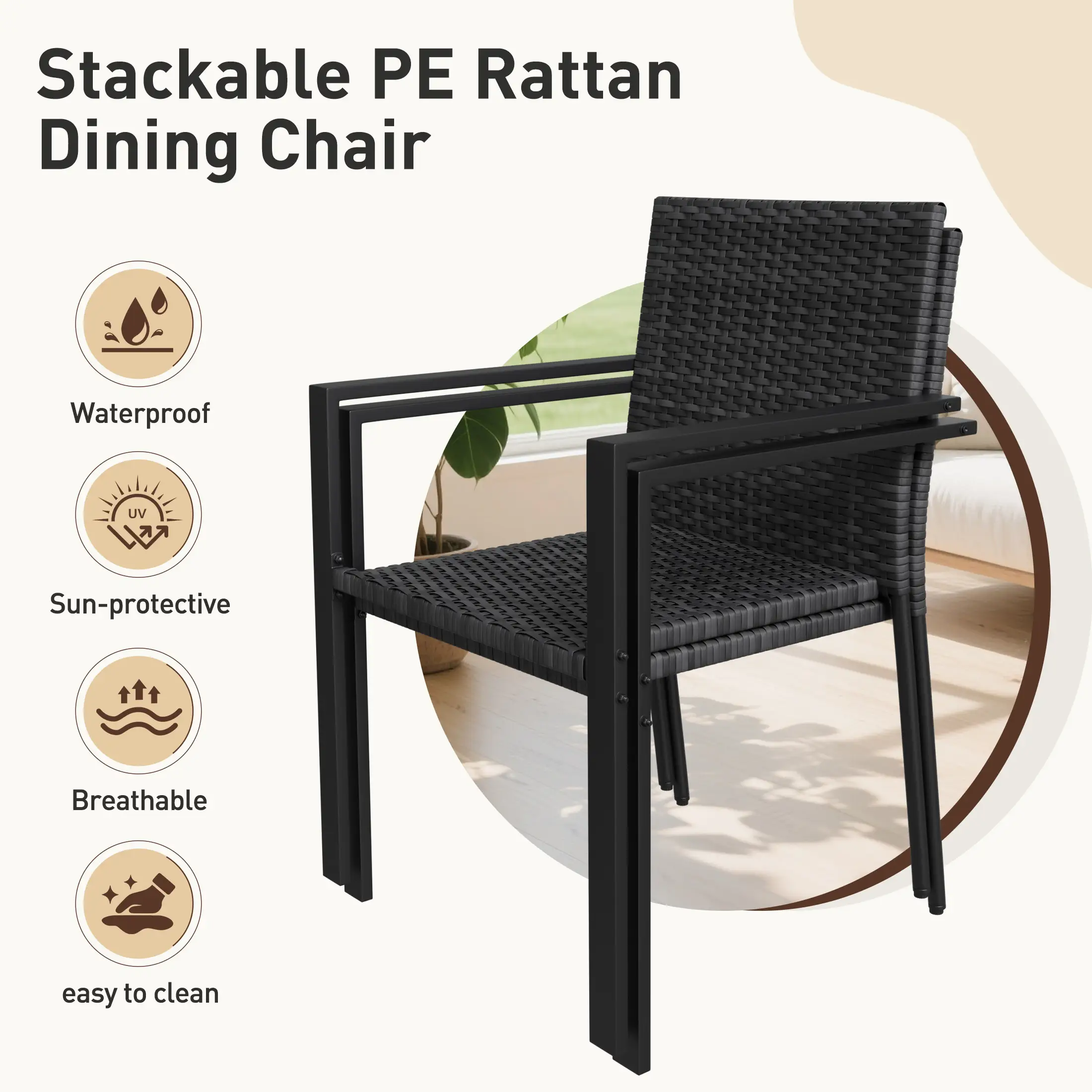 UDPATIO Patio Dining Chairs Set of 2 Stackable Outdoor Wicker Dining Chairs,All-Weather Patio Armchairs with Armrests,Rustproof Steel Frame,Ergonomic Comfort for Backyard, Deck,Garden,Black
