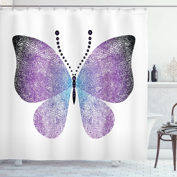 Butterfly Shower Curtain, Pointillistic Fantasy Papillon Butterfly Art with Purple Ombre Color, Fabric Bathroom Set with Hooks, 69W X 84L Inches Extra Long, Dark Purple and Violet, by Ambesonne