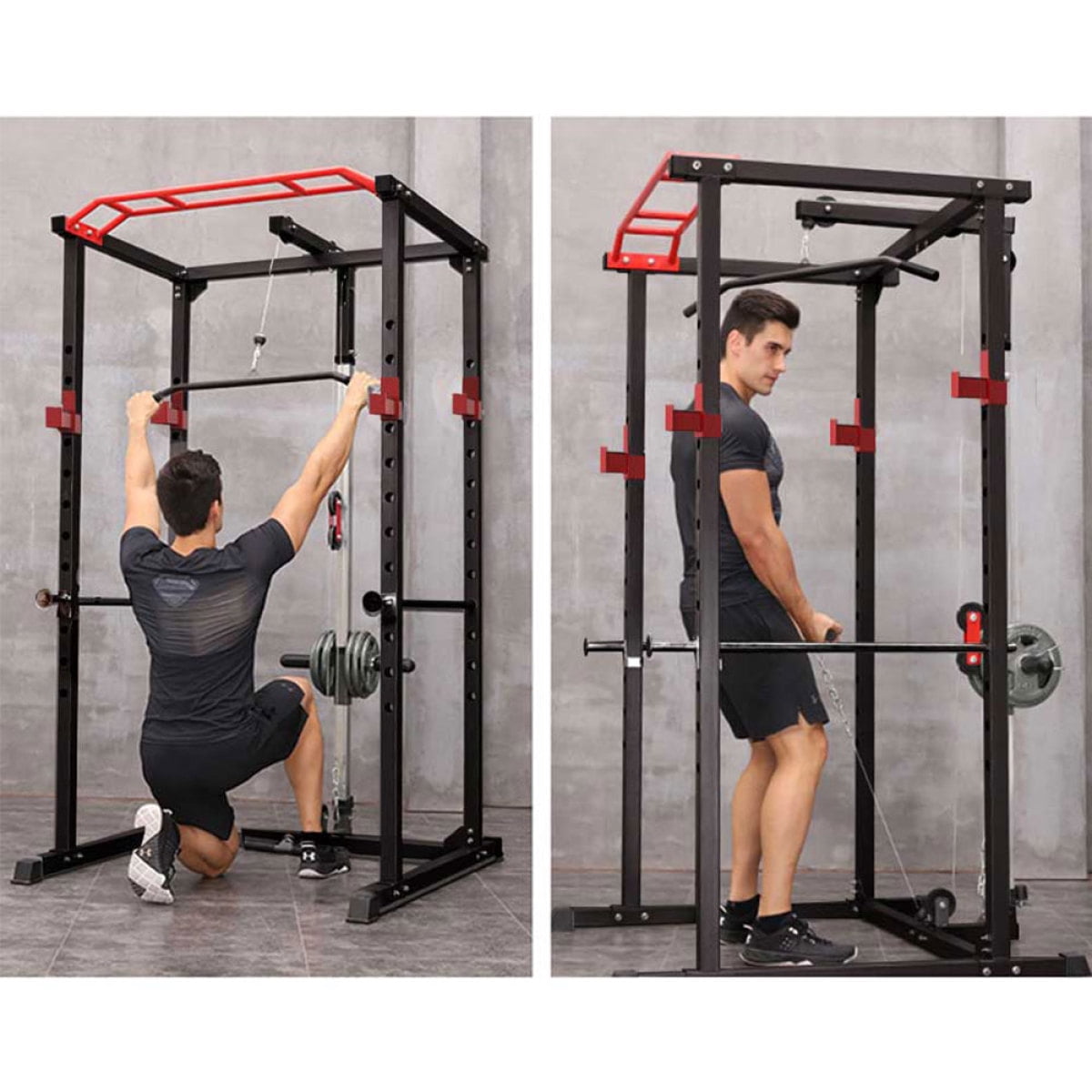 LuckyNote Multi-functional Power Cage 1000Lbs Capacity, Home Squat Rack with Pullup Bar, 200Lbs Bumper Plates & 7FT Olympic Bar, Black+Red