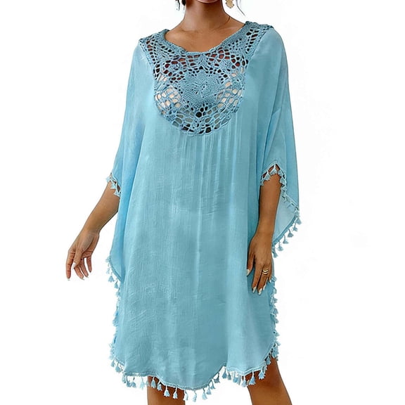 Vibrex Women Round Neck Short Sleeves Beach Cover Up Summer Hollow Out Dress Solid Beach Cover Up Bikini Swimwear Coverup Wraps for Women