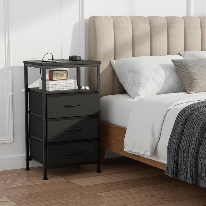 Simenmax Nightstand with Charging Station & LED Lights, 3 Drawer Bedside Table with Variable Light Strip, Modern Industrial Bedroom Furniture, Black