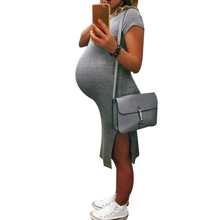 

SpringTTC Maternity Solid Color Round Neck Short Sleeve Side Slit Bodycon Casual Dress