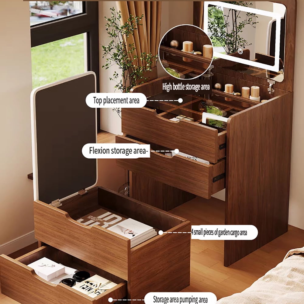 Miniyam Vanity Desk with Lighted Flip Mirror, Drawers and Storage Stool for Adults, Walnut