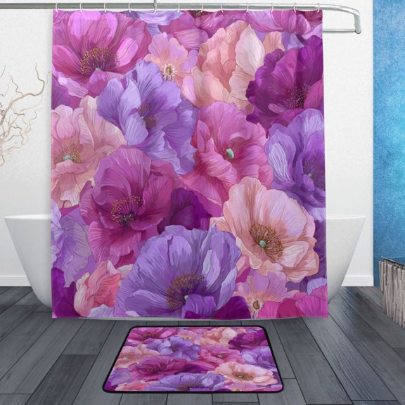 TTYFWHD 60" x 72" Shower Curtain and Bath Mat Set Vibrant Fantasy Rose Pattern Waterproof Bathroom Curtain with 12 Hooks, Bathroom Decor Set