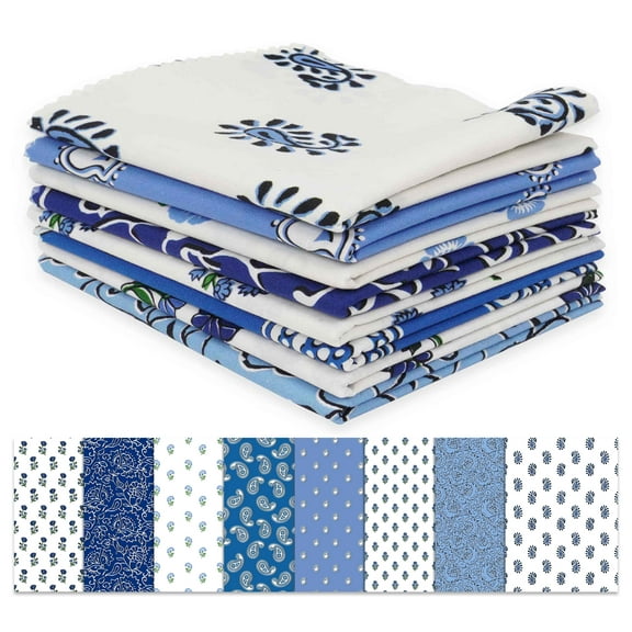 Soimoi 8 Pc Fat Quarter Bundle,Asian BlockPrint 18"x 22"DIY Patchwork-100% CottonPre-Cut Quilting Fabric White & Blue