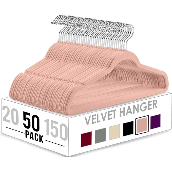 Set de 50 Perchas de Terciopelo Utopia Home Antideslizantes con Gancho Giratorio 360° Rosa