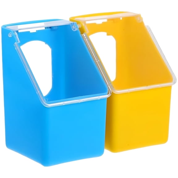 2 Pcs Hanging Bird Feeder for Cage, Anti-Spill Multi-Hole Cage Pigeon Food Container with Lid, Space Saving Pet Supply for Parrots and Poultry, Yellow and Blue Easy Clean Feeding Box Set