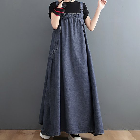 EOYWHK Womens Denim Dress Long Spaghetti Straps Maxi Dress Rompers Loose Fit Square Neck Swing Maxi Dress