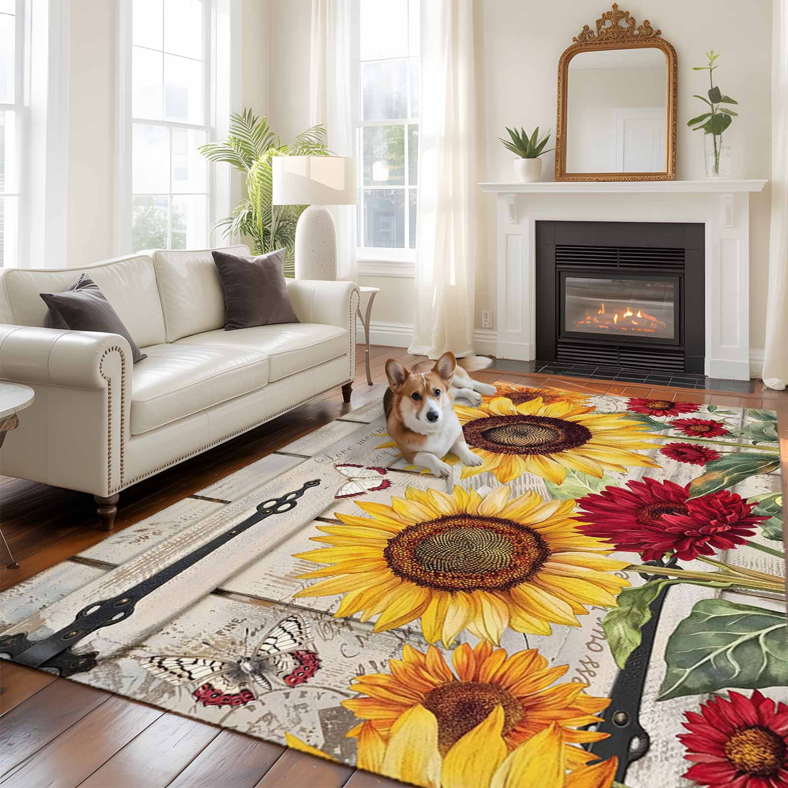 Rectangle Area Rugs 5 x 7 Ft, Red Yellow Sunflowers Non-Slip Residential Carpet, Retro Rustic Barn Doors Butterfly Brown Indoor Crawling Mats Runner Rugs for Living Room/Dining Room/Bedroom