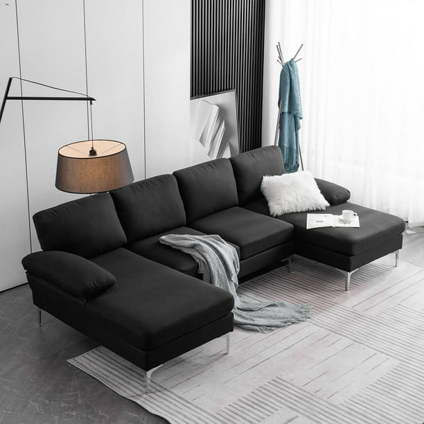 Rå aflange strop Ktaxon Modern U-Shape Sectional Sofa, Soft Linen Fabric Sectional Couch,  Double Wide Chaise Lounge Couch with Metal Feet for Apartment Living Room  Black - Walmart.com