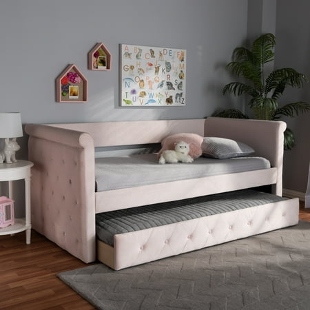 Daybed Full Size With Trundle Baxton Studio Amaya Modern and Contemporary Light Pink Velvet Fabric Upholstered Twin Size Daybed with Trundle ()