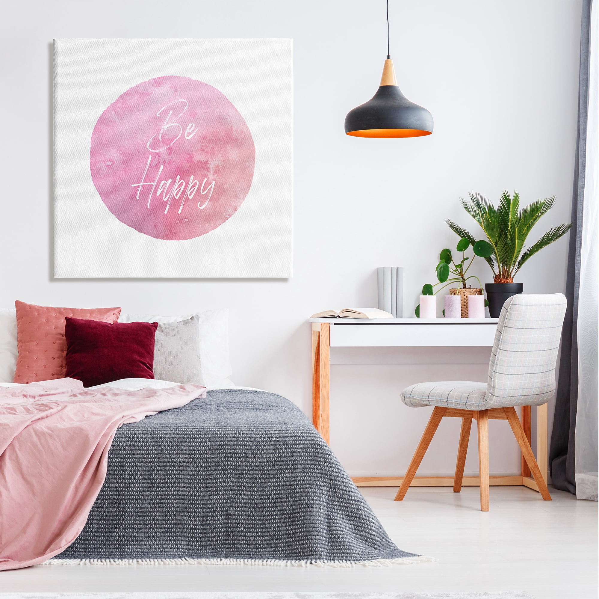 Stupell Industries Be Happy Pink Circle Inspirational Painting Gallery Wrapped Canvas Art Print Wall Art, 36 x 36