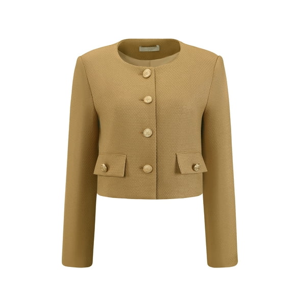 DARING DIVA Women's Tweed Short Jacket Collarless Office Cropped Blazer S Brown