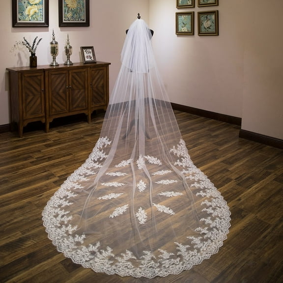 EllieWely 2 Tier Cathedral Length 3.5 M(138 inch) Lace Wedding Bridal Veil With Metal Comb E69 White