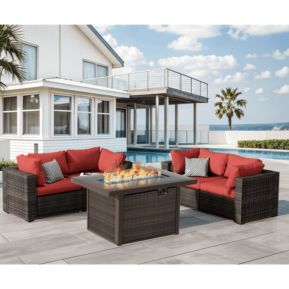 Grezone Super 6-Pieces 7-Seats Patio Outdoor Furniture Sets All Weather Wicker Sectional Sofa Couch Lawn Sectional Furniture with Washable Couch Cushions and Wicker Table (Cream)