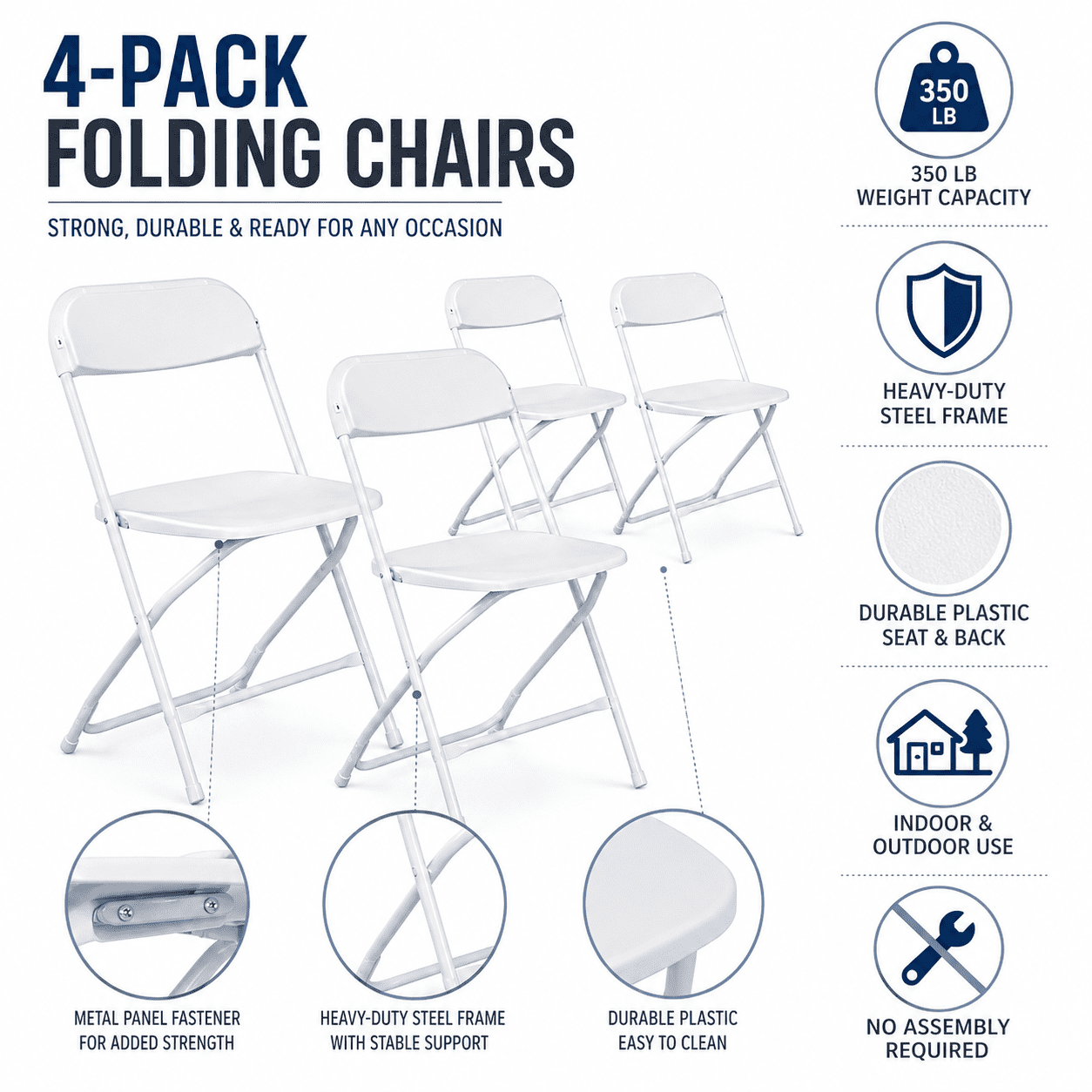 Alvantor 4 Pack Plastic Folding Chairs White Heavy Duty Indoor Outdoor Portable Stackable Chairs for Party Office Event Home