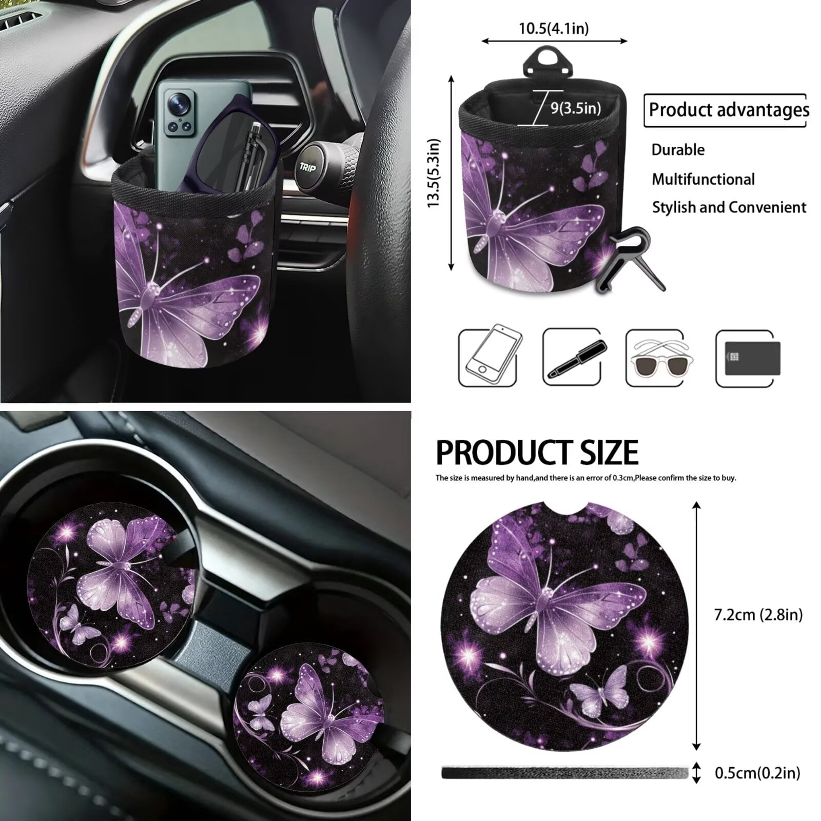 KUIFORTI 12 Pcs Butterfly Car Seat Covers and Accessories for Women, Steering Wheel Cover,Seat Belt Shoulder Pad Mirror Cover Coasters Car Auto Air Vent Keychain Chapstick Holder Car Trash Can