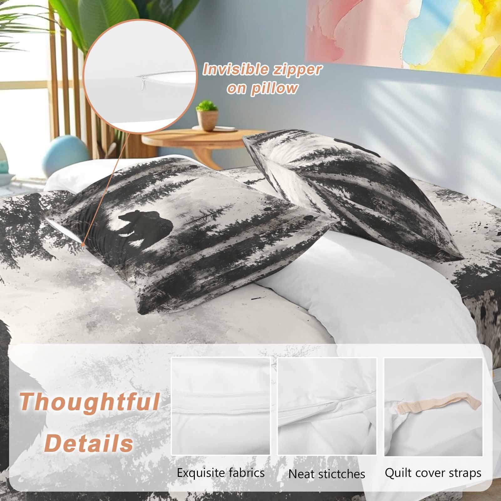 Brown Bear Bedding Duvet Cover Set Queen Size 4 Pieces Black Bear Forest Animal Modern Art Retro Bedding Set with Zipper Closure, 1 Comforter Cover 90x92 Inches 1 Flat Sheet & 2 Pillow Cases