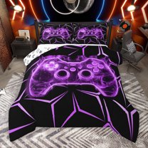 Manfei Neon Purple Gamepad Queen Comforter Set for Boys, Honeycomb Abstract Bedding Sets, Mystic Glitter Galaxy Reversible Bedding Comforter Set, Luxury Bedroom Decor, 3 Pieces