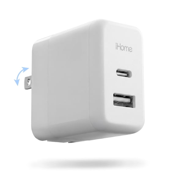 iHome 35W Dual-Port Wall Charger, USB-C & USB-A, Fast Charging, Foldable Prongs, Compact