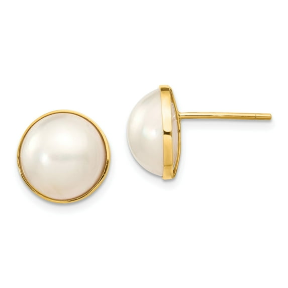 14k 9-10mm White Freshwater Cultured Mabe Pearl Post Earrings in 14k Yellow Gold