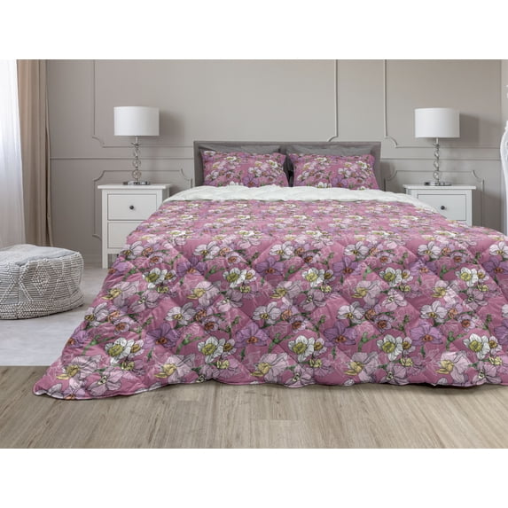 Orchid Comforter & Sham Bedding Set, Feminine Floral Pattern with Abstract Colorful Romantic Flowers, 3 pcs Duvet Set Microfiber Filling Quilt, 5 Sizes, Pale Fuchsia and Multicolor, by Ambesonne