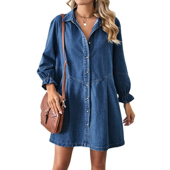 Women'S Button Down Denim Shirt Dress Lantern Long Sleeve Tiered Baydoll Jean Mini Dress XL