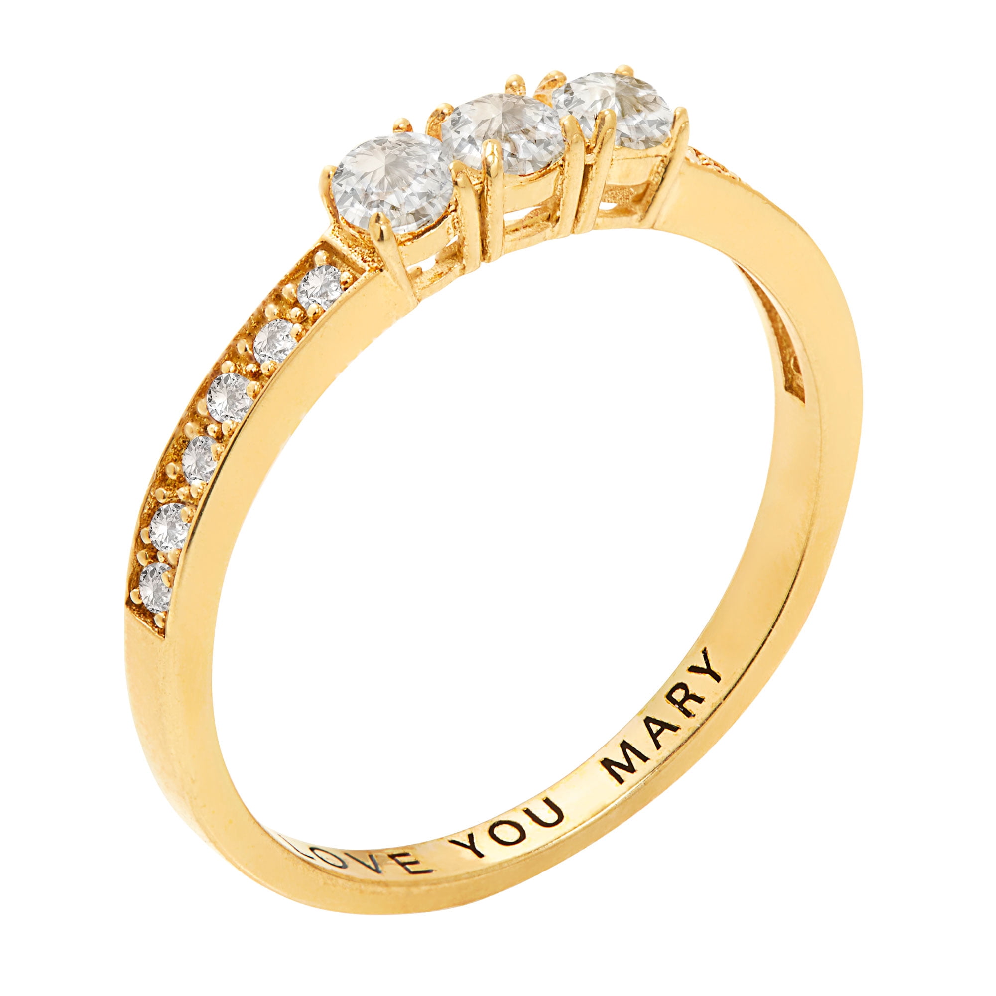 Personalized Planet 14K Gold over Sterling Silver Three Stone Engraved Wedding Ring White Topaz, One Size