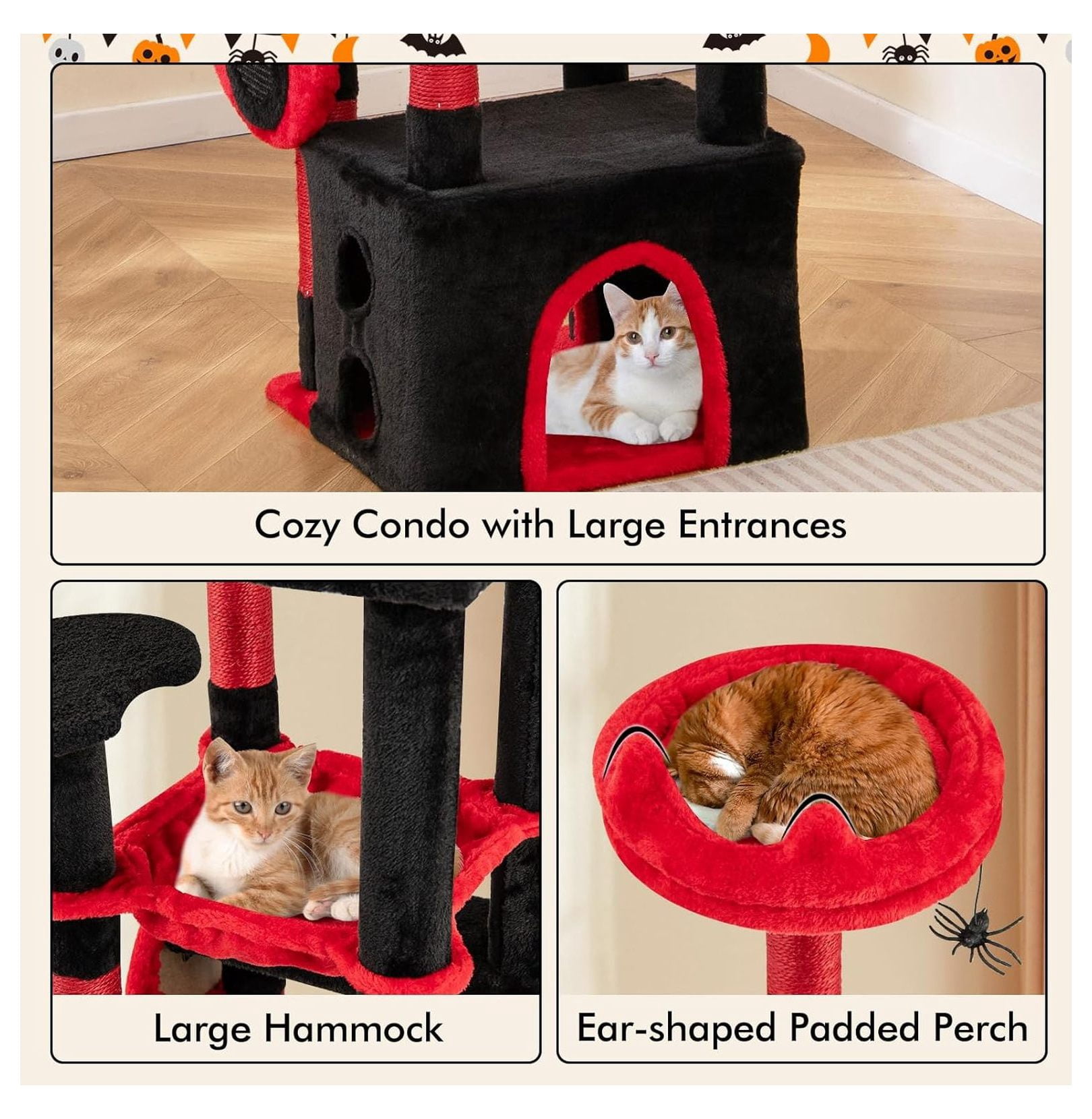 52 Inch Gothic Cat Tree Tower, Multi-Level Cat Tree with Scratching Posts, Hammock & Condo, Black Cat Furniture for Indoor Cats, Spider Toy Included