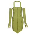 thumbnail image 4 of Vestido color puro fuera del hombro diseño cintura alta Slim cómodo estilo erógeno poliéster mujeres otoño vestido para citas verde S, 4 of 8