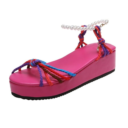 

GWAABD Pretty Sandals for Women Ladies Fashion Summer Colorful Braided Strap Pearl Buckle Platform Wedge Sandals