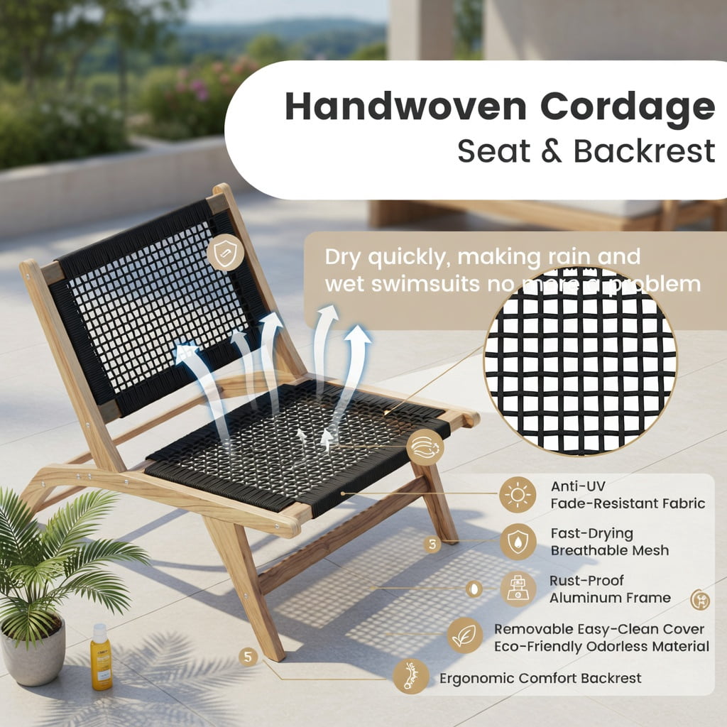 Hommoo Indoor Outdoor Teak Wood Dining Chair with Handwoven Cord Seat & Ergonomic Backrest, Natural + Black