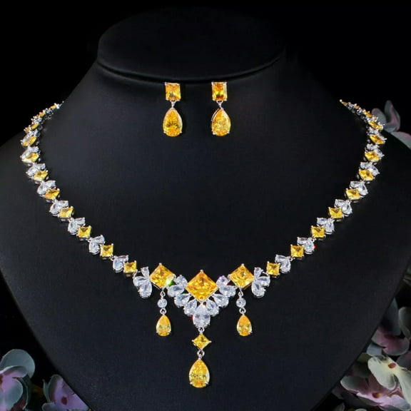 EOEMY Chic Yellow Cz Topaz Lover Party Sqaure Dangle Drop Necklace Earring Set Jewelry
