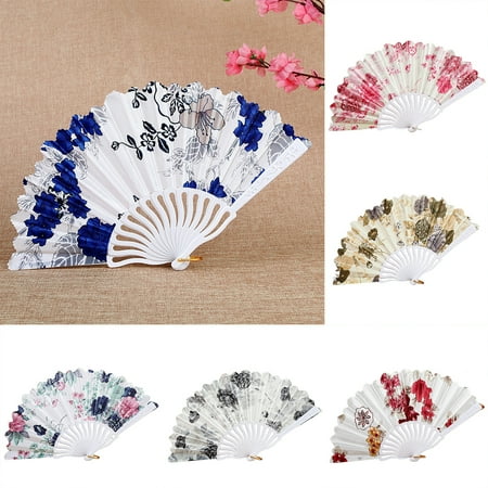 

Wirlsweal Plastic Folding Fan Chinese Style Retro Flower Plain Painting Soft Faux Silk Decorative Handheld Wedding Party Elegant Ladies Craft Cloth Fan Women Accessories