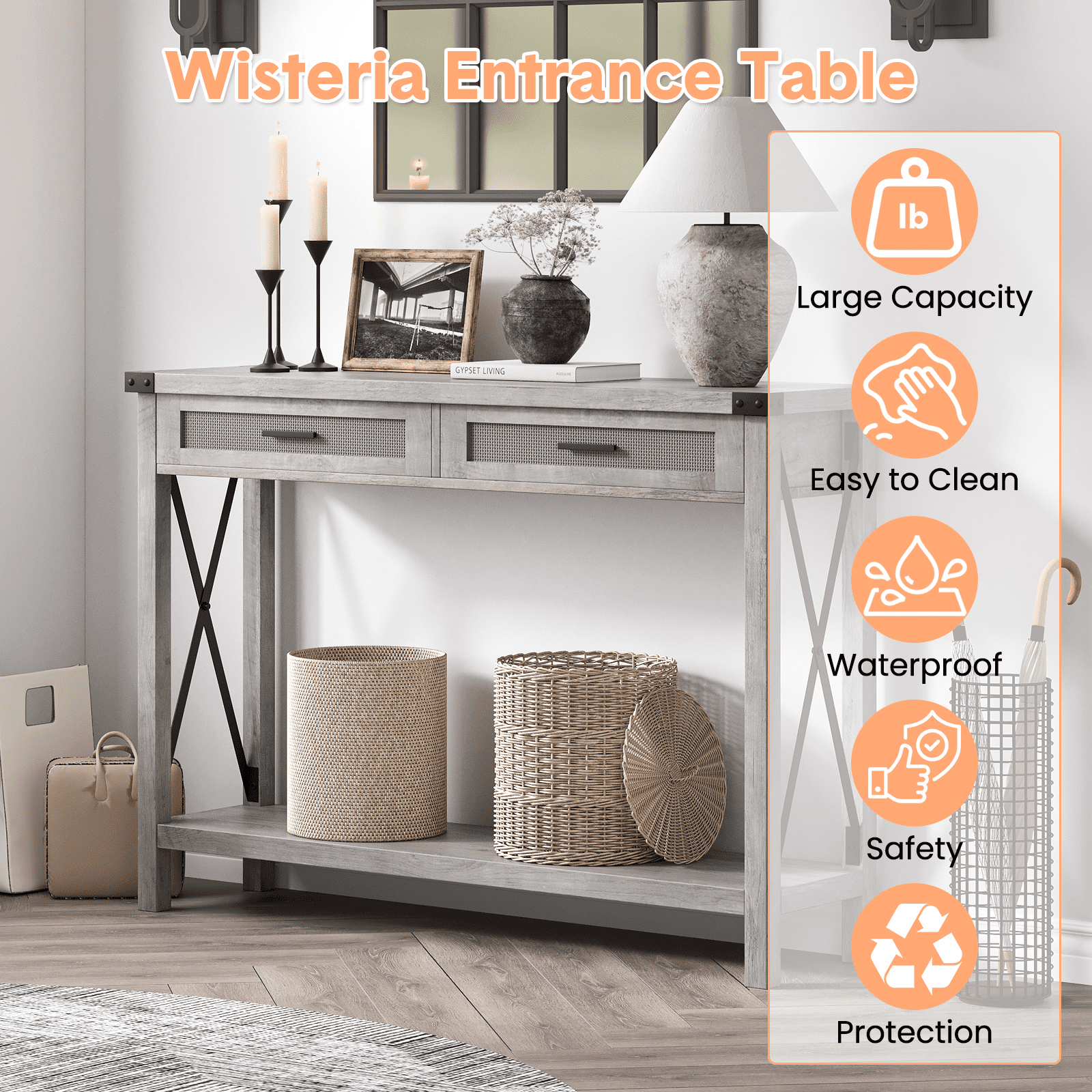 End Table, Console Table Featuring Rattan Drawers, 43 in Sofa Table with Storage, Ideal Console Tables for Entryway, Living Room, Hallway, and Foyer