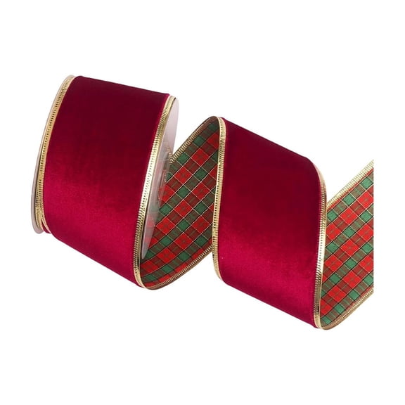 Christmas Wired Ribbon 2.56 In Wide 10 Yard Red Green Small Plaid Gold Edge For Wreath Bow