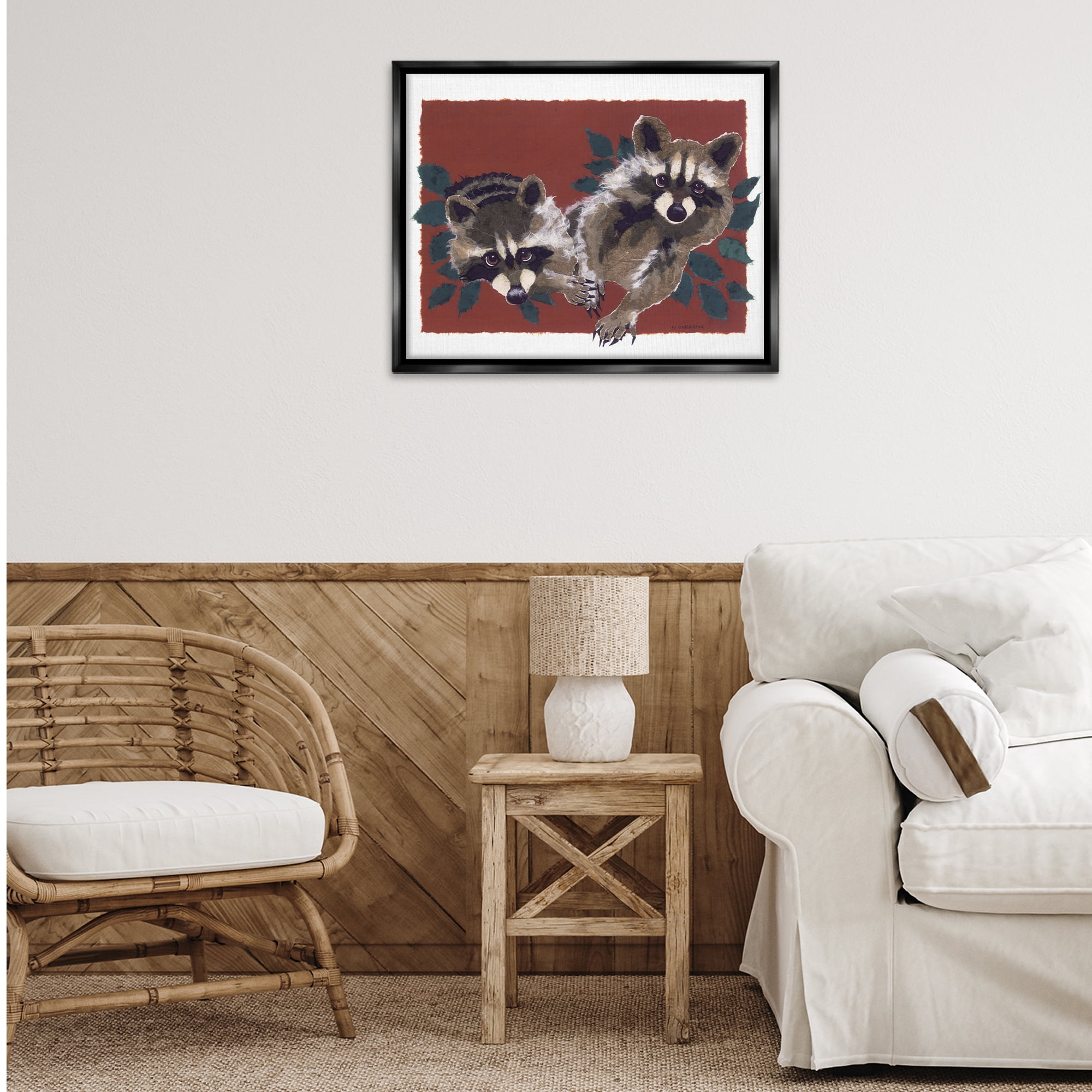 Stupell Industries Two Raccoons & Leaves Animals & Insects Painting Black Floater Framed Canvas Art Print Wall Art, 31 x 25