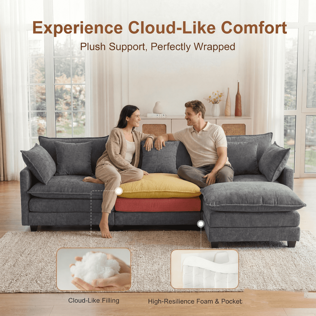 Dioepic Cloud Chenille 3-Seat Living Room Sectional Sofa Modern Cloud Couch 111.4" with Ottoman & 3 Pillows, Grey