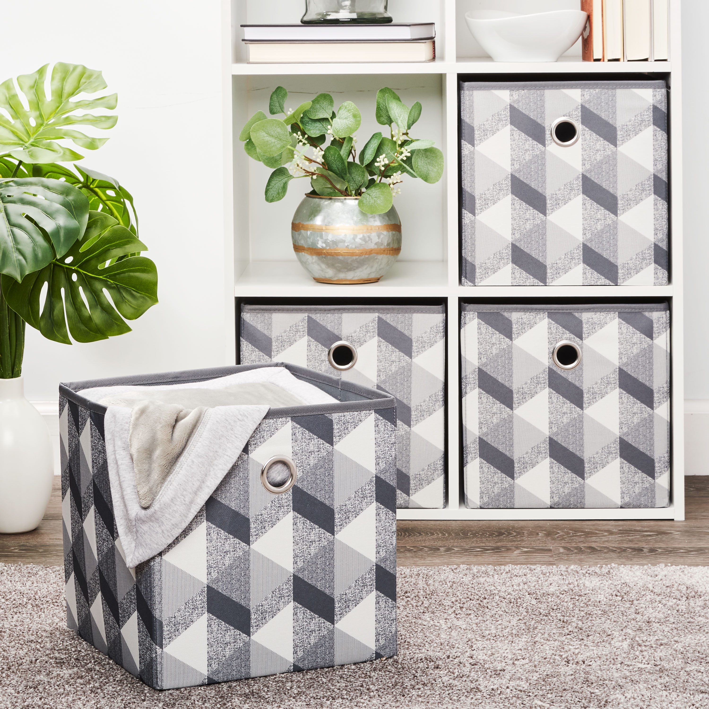 Mainstays Collapsible Fabric Cube Storage Bins, 4 Pack, Gray 3D Geo, 10.5 in x 10.5 in x 10.75 in