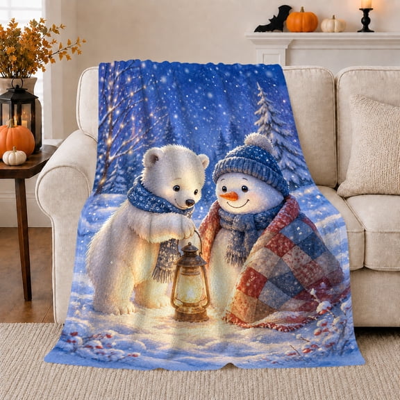 Polar Bear Snowman Friendship Snowy Forest, Festive Holiday Scene, Warm Flannel Blanket for Living Room and Reading Nook, Art Lovers Christmas Gift, Festive Home Decor