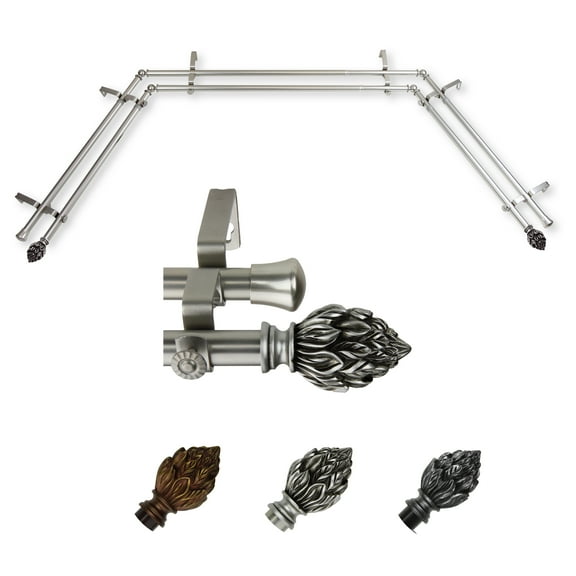 Wilma 13/16" Double Bay Window curtain rod Adjustable 20"-36", 38"-72" - Satin Nickel,(ABay-12-5D)